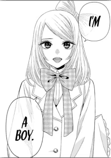 a black and white drawing of a girl with a speech bubble that says `` i 'm a boy '' .