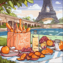 a bag of bread sits on a table in front of the eiffel tower in a drawing