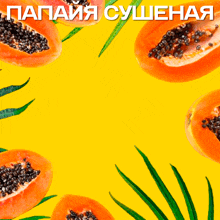 a yellow background with papaya slices and leaves and the word papaya in white