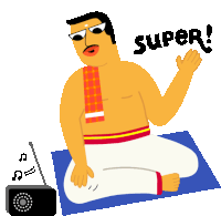 an illustration of a shirtless man sitting on a mat with the word super written above him