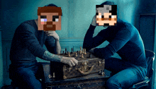 two men are playing a game of chess and one has a minecraft face on his head