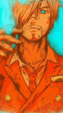 a drawing of a man with a beard wearing an orange jacket and tie