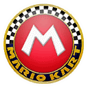 a red circle with a white m inside of it and the words mario kart written on it .