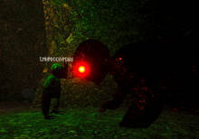 a screenshot of a video game shows a monster with a red eye and a green background