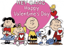 a group of peanuts characters holding hearts with the words " hey gang happy valentine 's day " above them