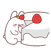 a cartoon rabbit is eating a piece of cake with strawberries on it