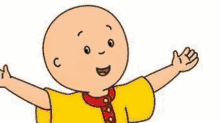 a cartoon character called caillou is standing with his arms outstretched and smiling .