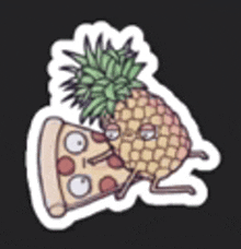 a sticker of a pineapple eating a slice of pizza on a black background .