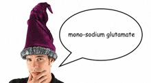 a man wearing a purple wizard hat with a speech bubble .