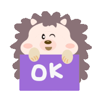 a cartoon hedgehog holding a purple sign that says ok