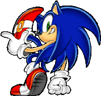 a cartoon of sonic the hedgehog holding a red and white hat