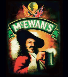 a poster for mcewan 's shows a man in a pirate outfit holding a mug of beer