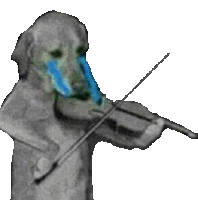 a dog with tears running down its face is playing a violin .