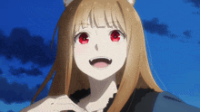 a close up of a girl with red eyes and a cat ear