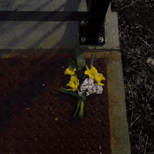 a bouquet of yellow and white flowers is laying on a red mat