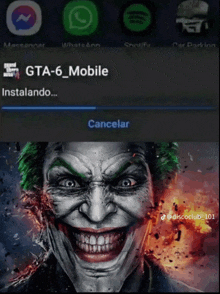 the joker is smiling in front of a screen that says gta-6_mobile