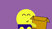 a yellow smiley face holding a cardboard box on a purple background