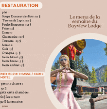 a menu for the bayview lodge has a woman in a pink dress