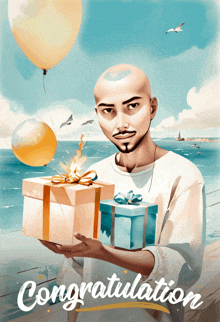 an illustration of a man holding gifts with the words congratulations below him