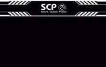 a black and white scp logo on a black background .