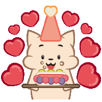 a cartoon cat wearing a party hat is holding a tray of food with hearts around it