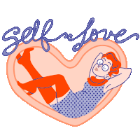 a cartoon of a woman laying in a heart with the words self love written above her