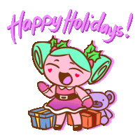 a cartoon of a girl with gifts and the words happy holidays on the bottom