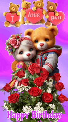 a happy birthday card with two teddy bears holding roses