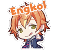 a sticker of a boy with orange hair and green eyes and the word engkol on his head .