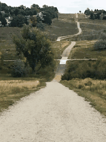 a dirt road winds through a grassy field