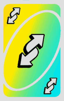 a yellow and blue uno card with two arrows pointing in opposite directions