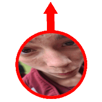 a person 's face is in a red circle with a red arrow pointing up