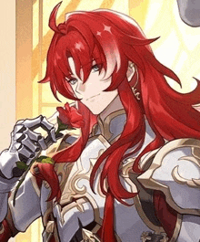 a knight with long red hair is holding a red rose in his hand .