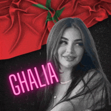 a black and white photo of a woman with the name ghalia in pink letters