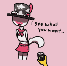 a drawing of a cat with a top hat and a can of monster energy drink says " i see what you want "