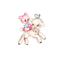 a pink teddy bear is riding on the back of a white sheep