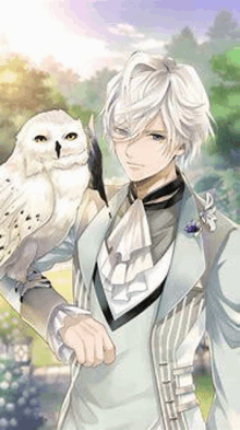 a man in a white suit is holding an owl on his arm .