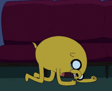 a cartoon character with a purple couch in the background is crawling on the floor