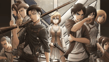 a group of anime characters standing next to each other with one holding a rifle