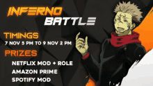 a poster for the inferno battle shows a man giving a rock sign