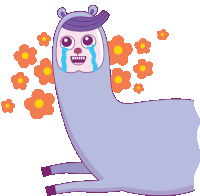 a cartoon llama with flowers behind it and a crying face