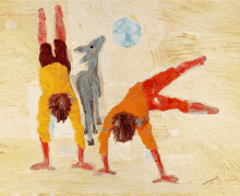 a painting of a boy doing a handstand with a donkey behind him