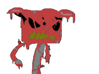 a drawing of a red monster with green teeth and blood dripping from its mouth