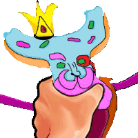 a cartoon drawing of a hand holding a sword with a crown on it