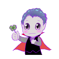 a cartoon drawing of a vampire holding a green clover and giving a thumbs up