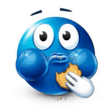 a blue cartoon smiley face is eating a cookie .