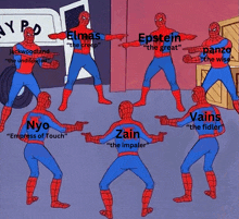 a group of spider-man pointing at each other including nyo zain and vains