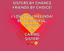 a poster that says sisters by chance friends by choice i love you melinda my beautiful loving and caring sister !