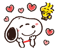 a cartoon drawing of snoopy and woodstock with hearts surrounding them