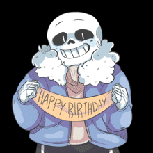 a drawing of a skeleton holding a banner that says happy birthday